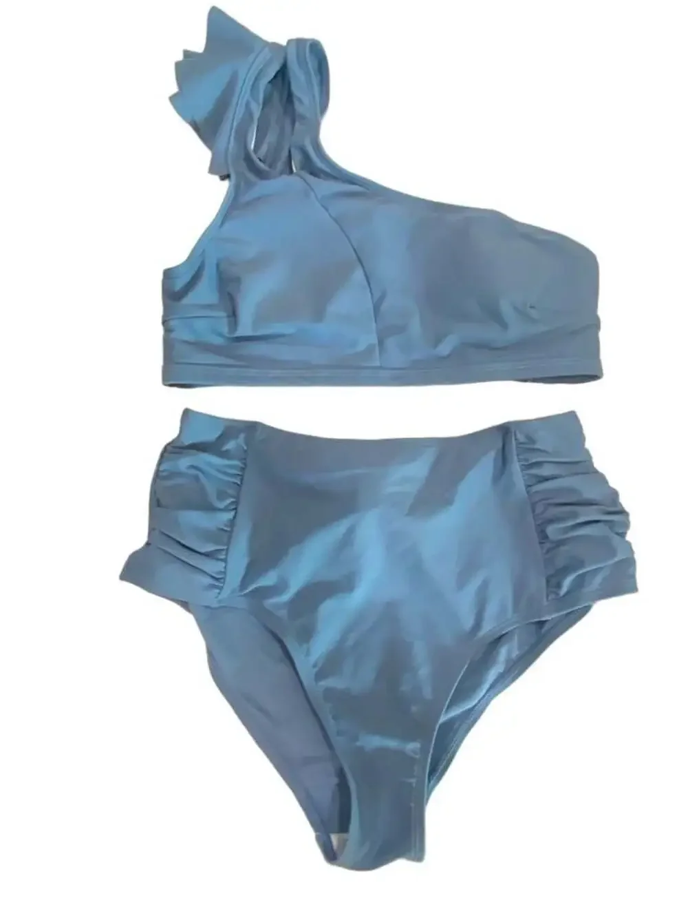 NEW CUPSHE Blue Ruffled One-Shoulder High-Waisted Bikini Set Size S